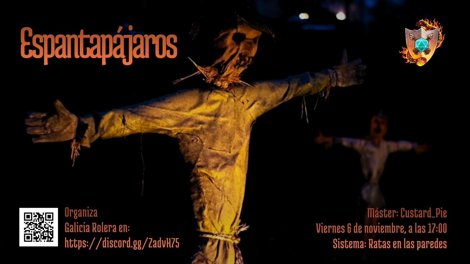 Cartel de la partida el espantapájaros con un espantapájaros turbio que parece un muñeco vudú gigante sobre fondo oscuro
