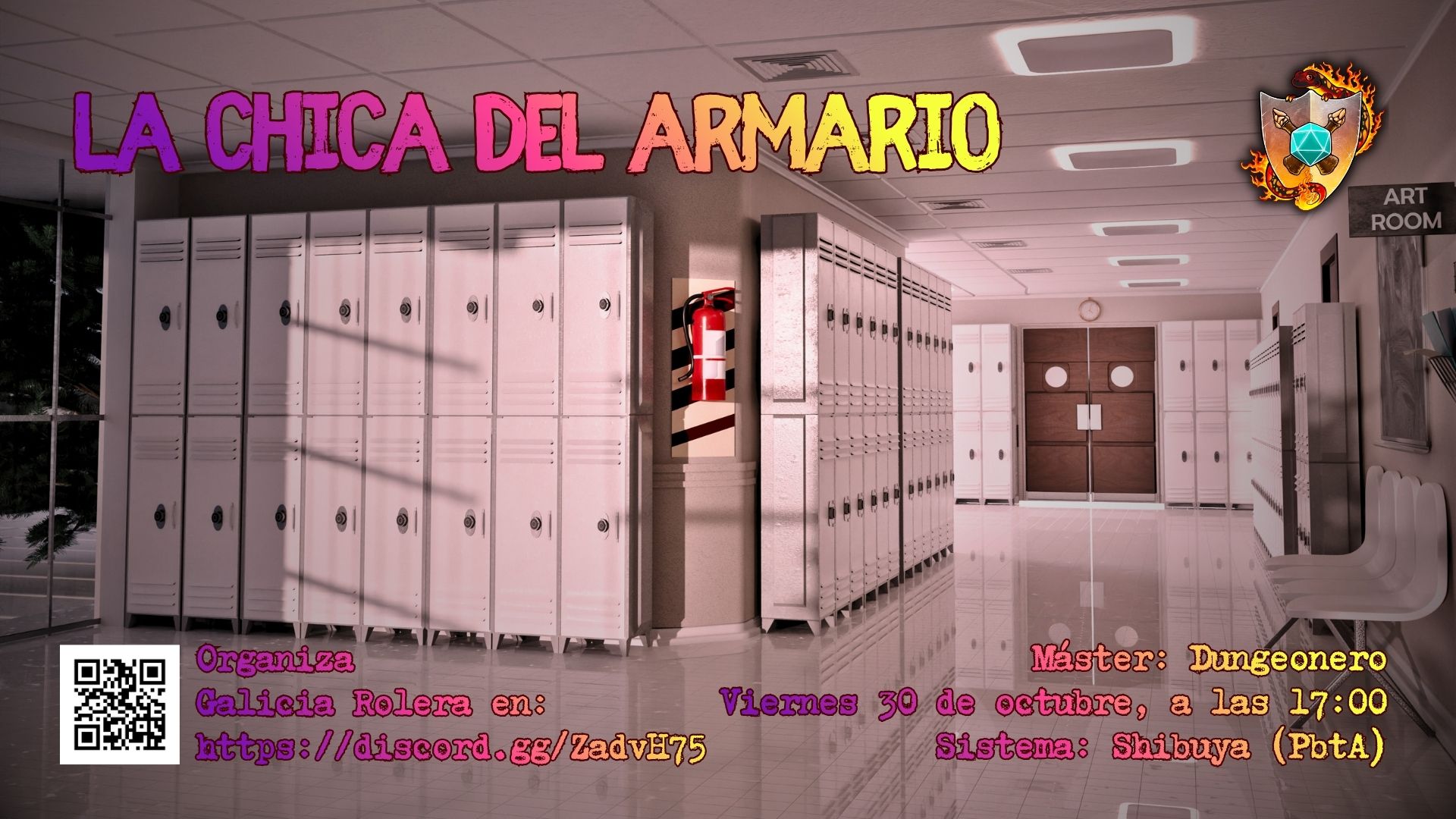 Imagen de la partida la chica del armario edición Halloween, muestra el pasillo de un instituto con taquillas de color blanco.
