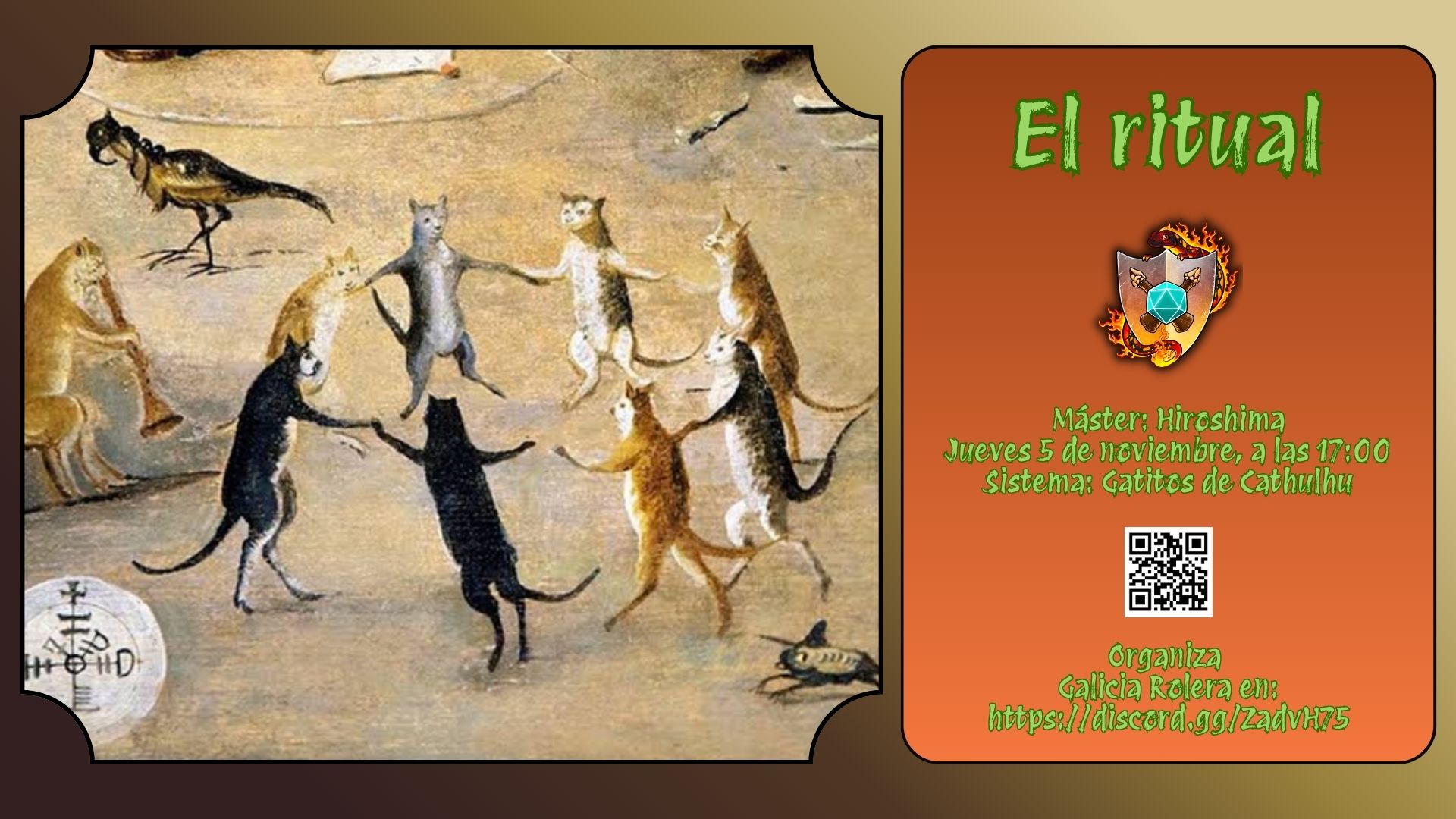 Cartel de la partida el ritual con gatitos medievales bailando el corro de la patata
