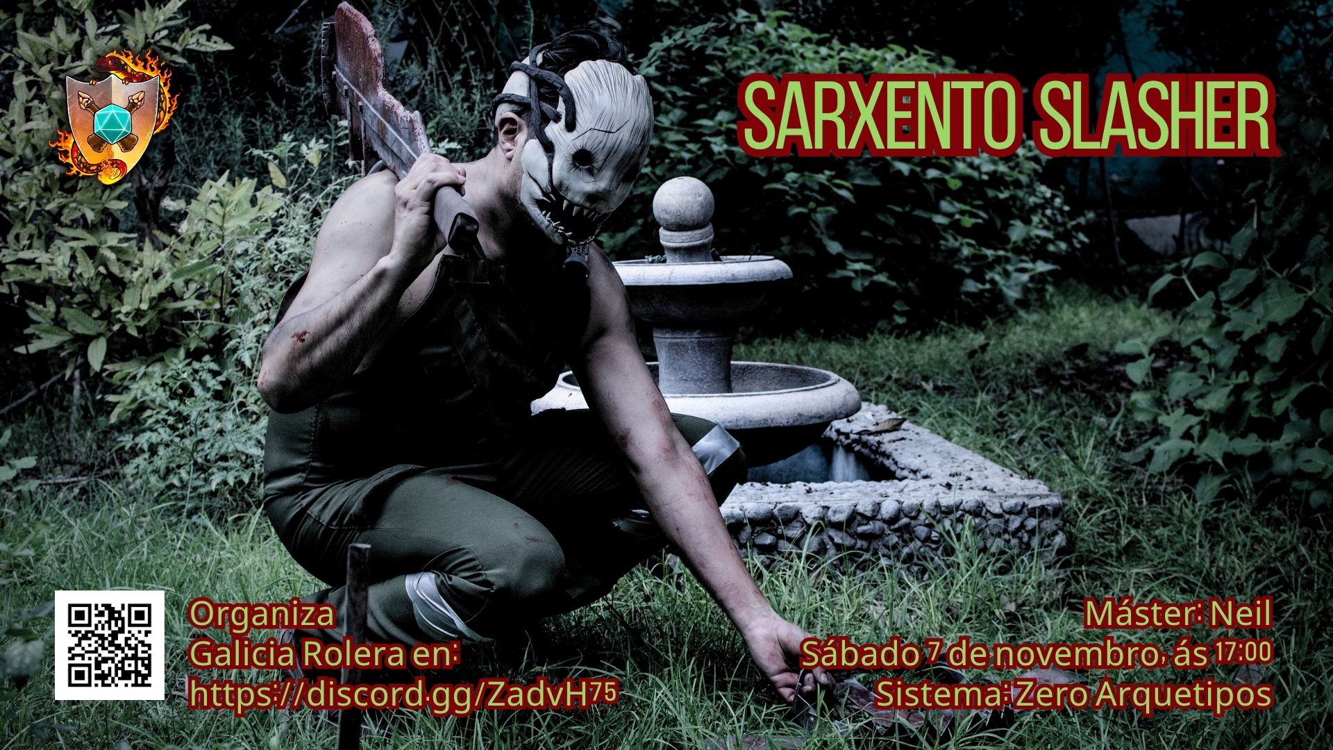 Cartel da partida Sarxento Slasher cunha persoa anicada cunha máscara turbia e unha machada apoiada no ombreiro