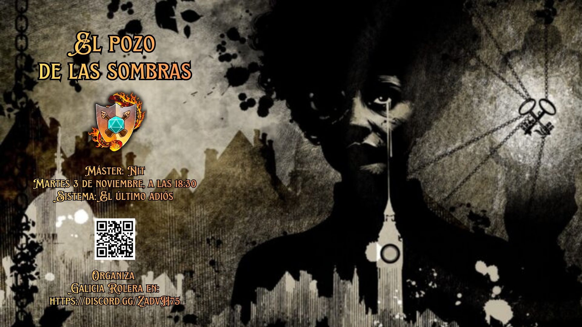 Cartel de la partida El Pozo de las sombras con un collage oscuro de una ciudad, una mujer, cadenas y unas pirámides