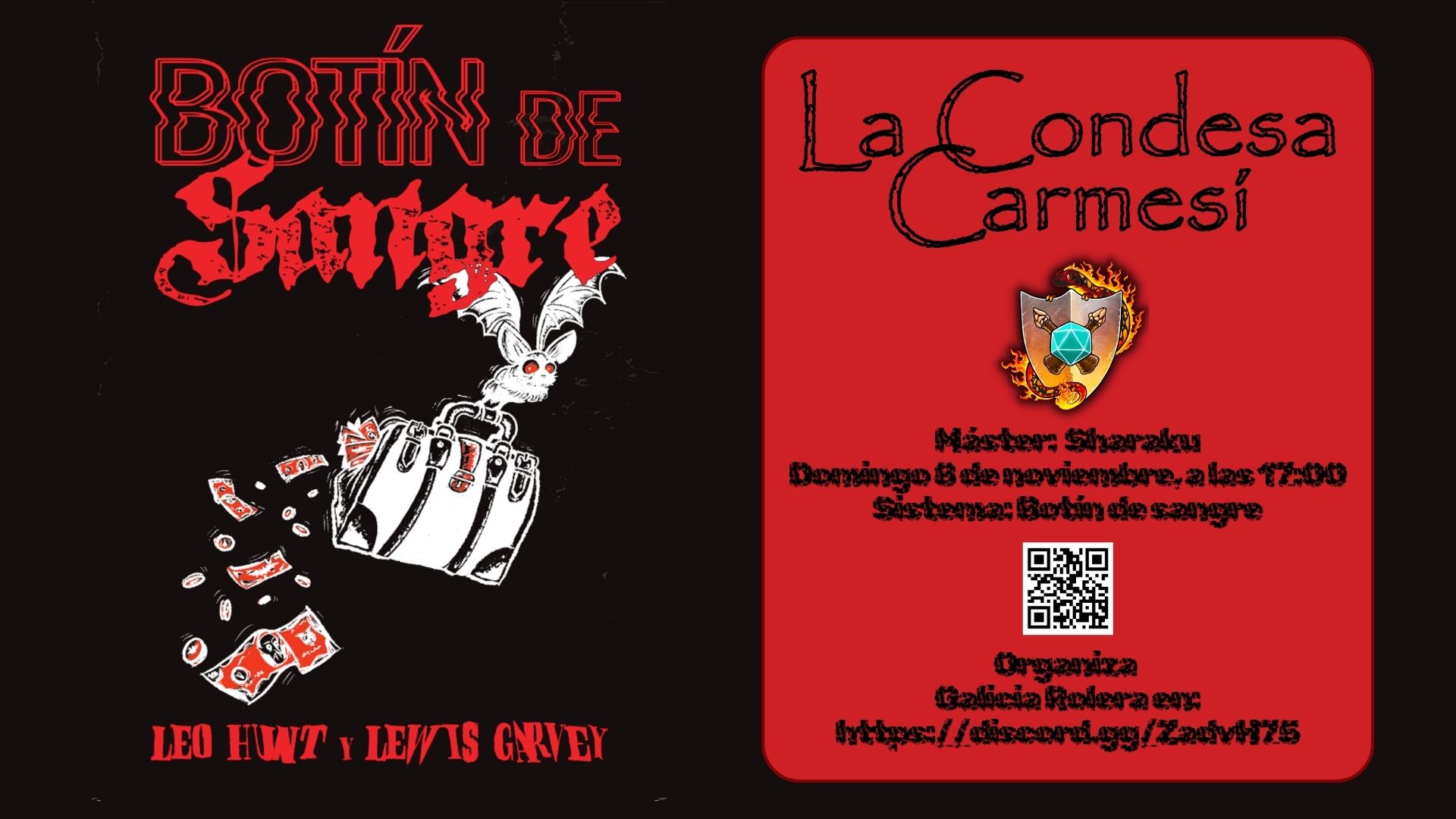 Cartel de la partida La Condesa Carmesí muestra un murciélago llevando un maletín lleno de billetes, alguno de ellos sale volando